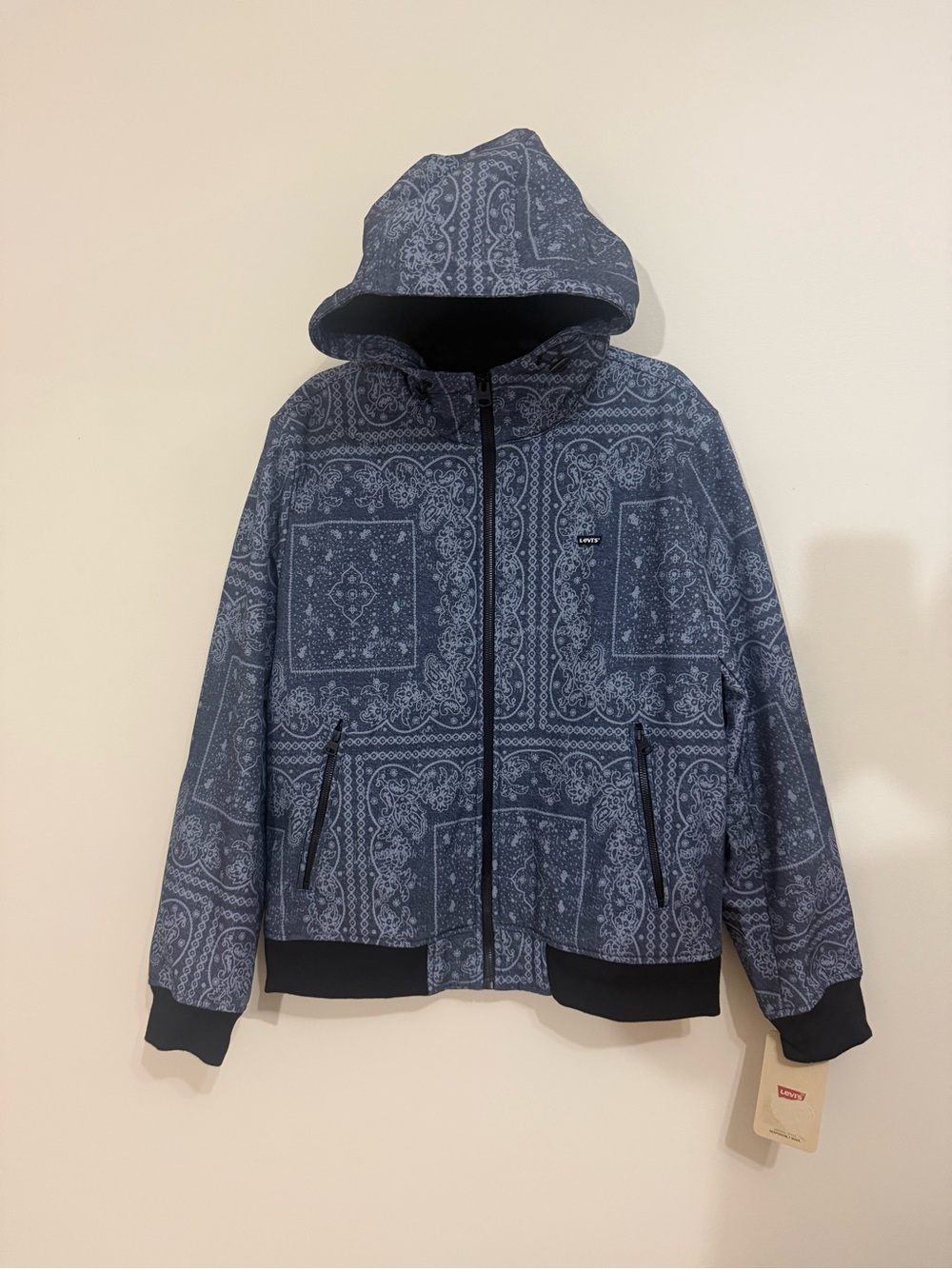 Levi's Men's Hooded Jacket Raincoat L Blue Paisley Rare Pattern Brand New W tag